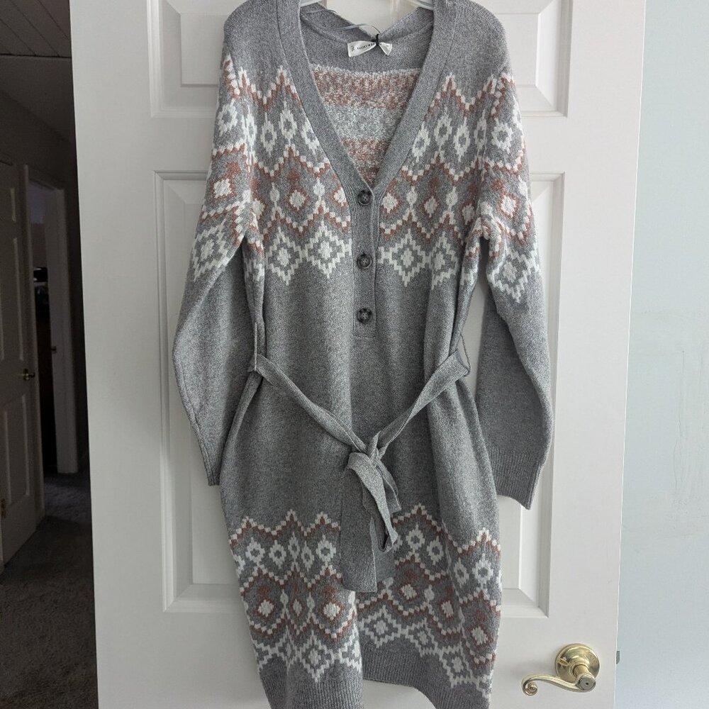 Lucky Brand Gray Pink Diamond Button Front Knit Sweater Dress Size 1X  NWT